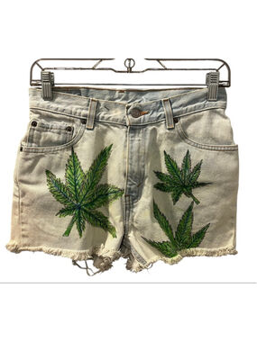 Vintage 2002 Levi's 517 Custom Hemp Leaf Blue Denim Shorts Size 16 Y2K Festival